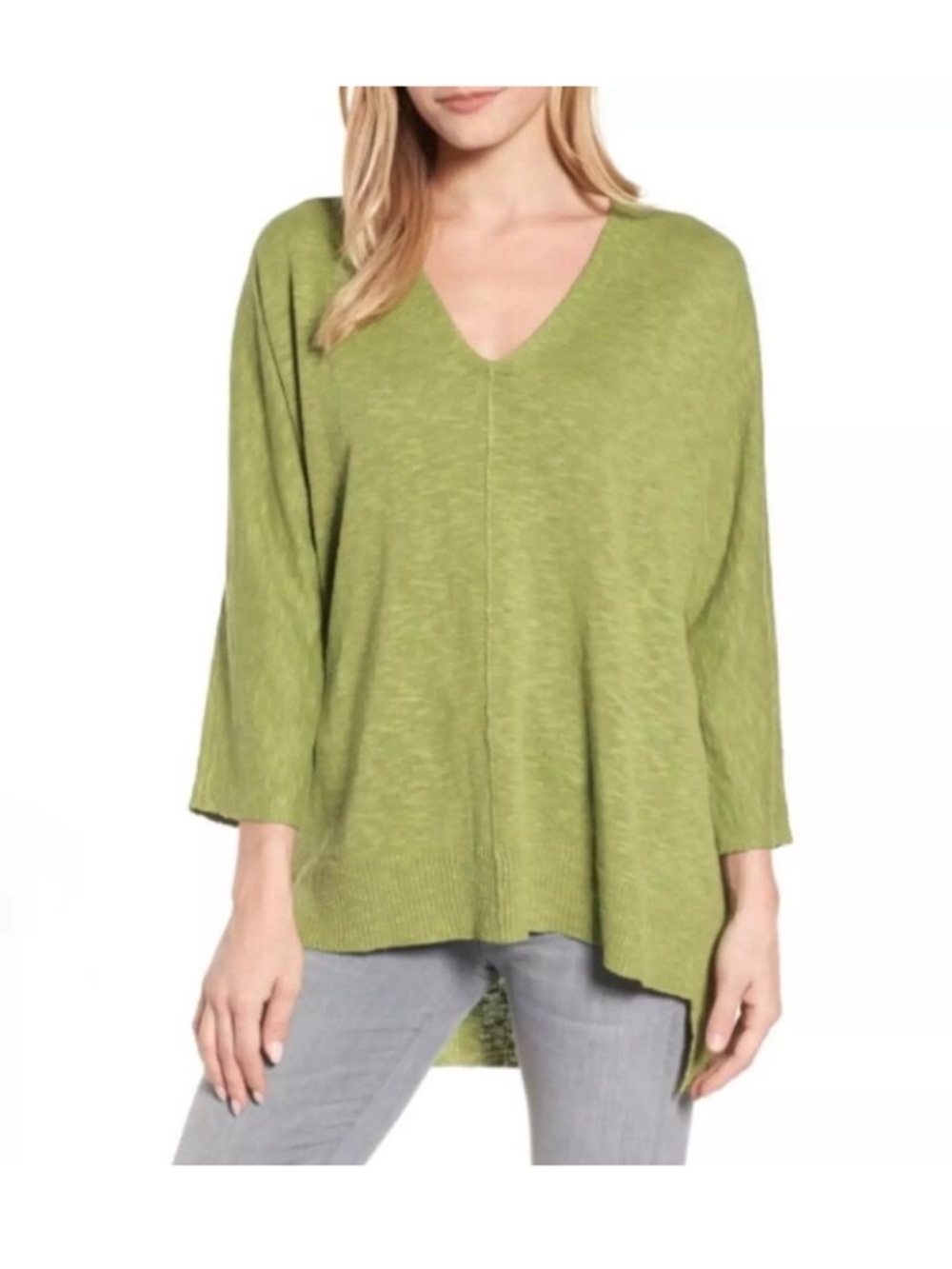 Eileen Fisher Green Organic Linen Cotton Blend Slub V-Neck Tunic Sweater L